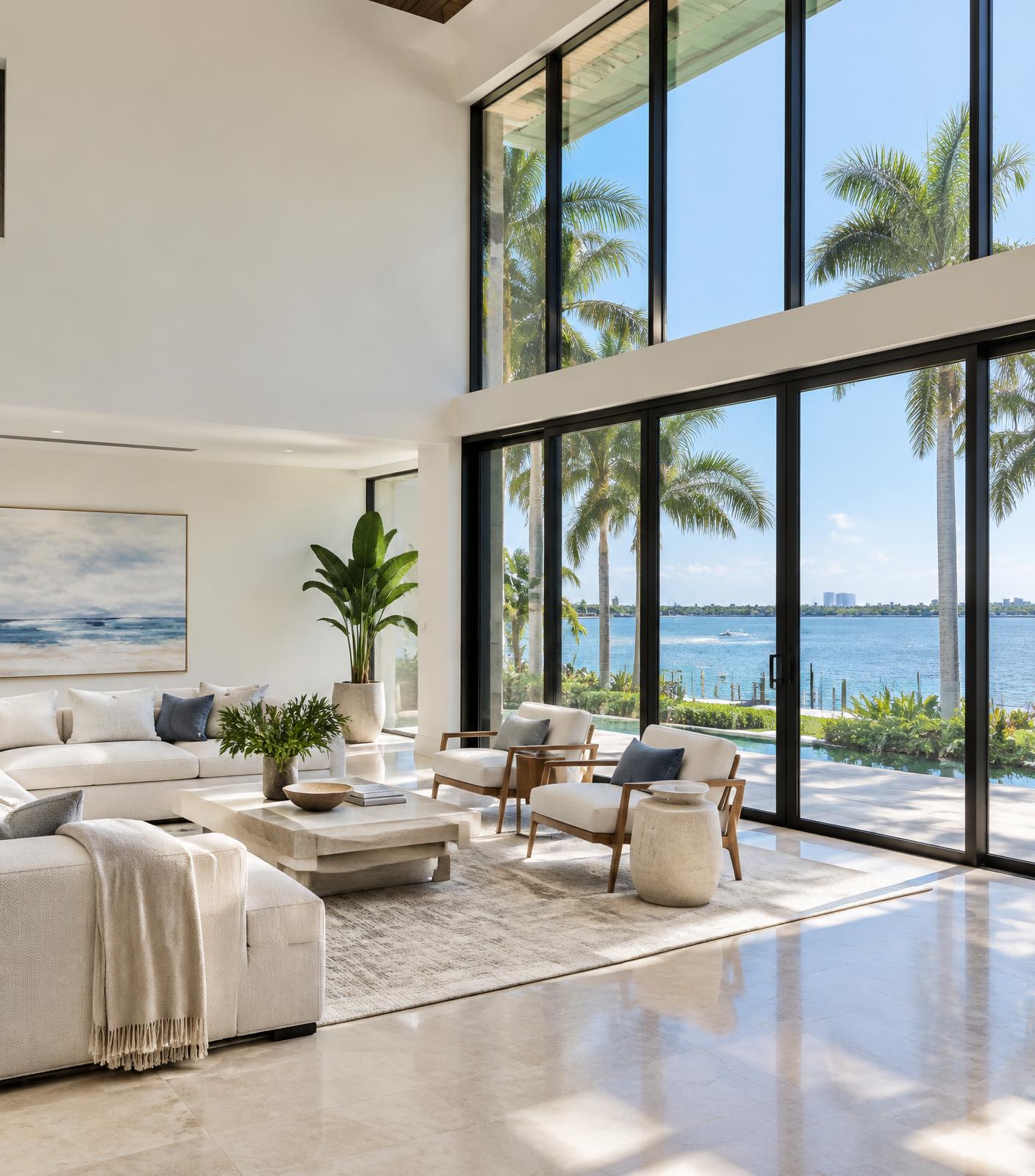 Florida living room with large black-framed impact windows overlooking palm trees and water